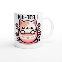 a white coffee mug with a cat in it