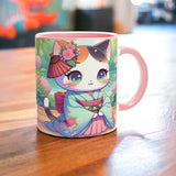 Charming Kawaii Cat Mug - Traditional Japanese Attire Design 11oz Ceramic Cup